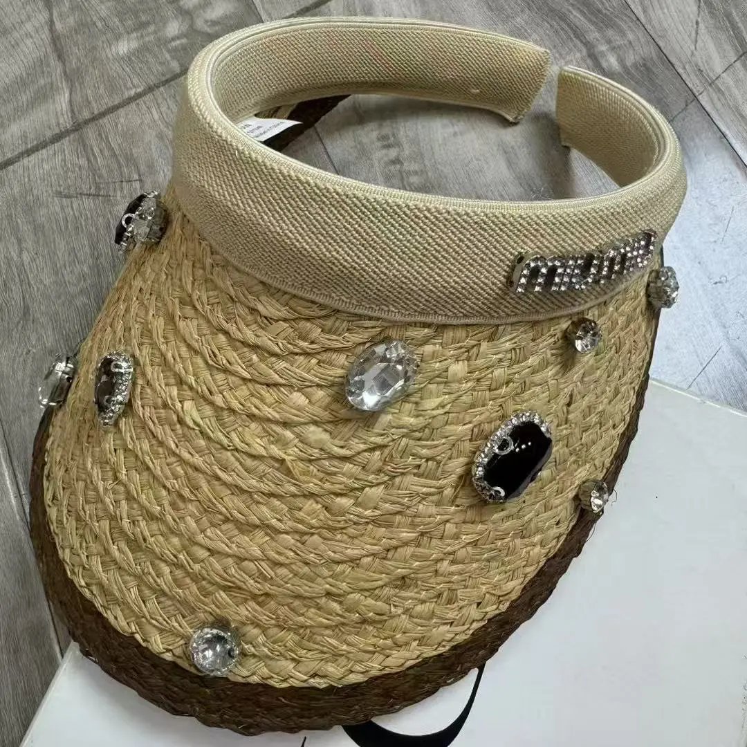 Miu Miu Straw Visor Beige Pink Black Embellished Sun Hat