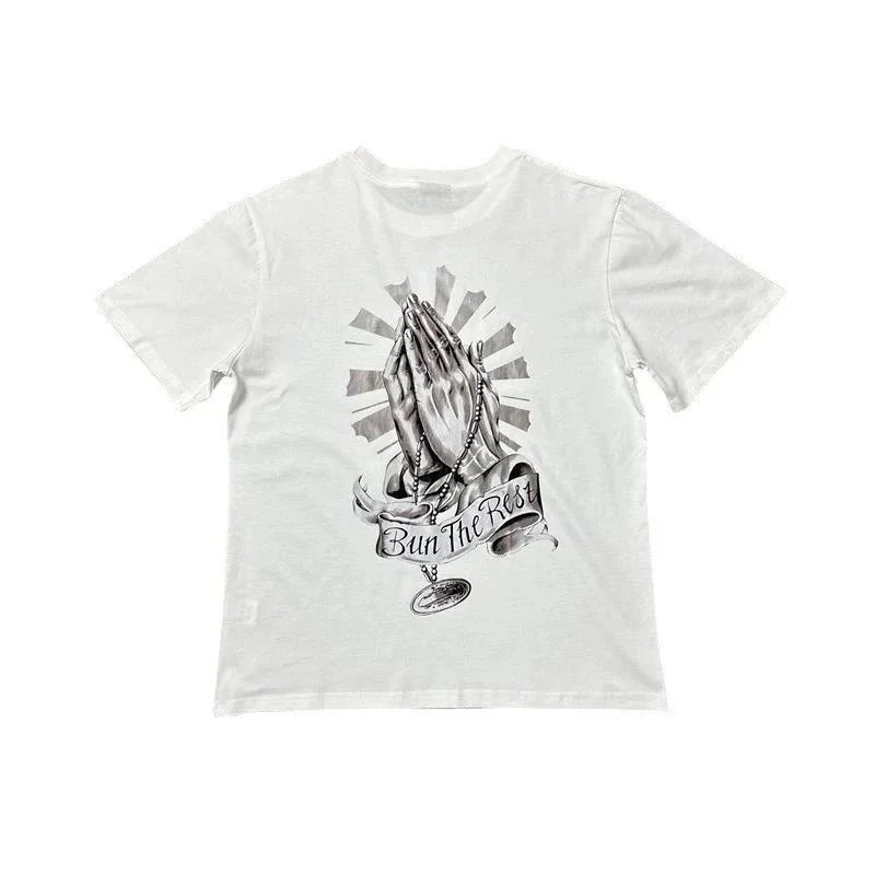 White Cotton T-Shirt With Black Graphic Print Casual Tee