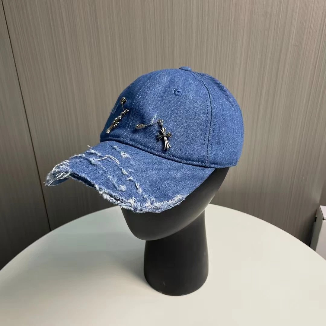 Denim Baseball Cap Black and Blue Distressed Embellished Cross Charm Cap
