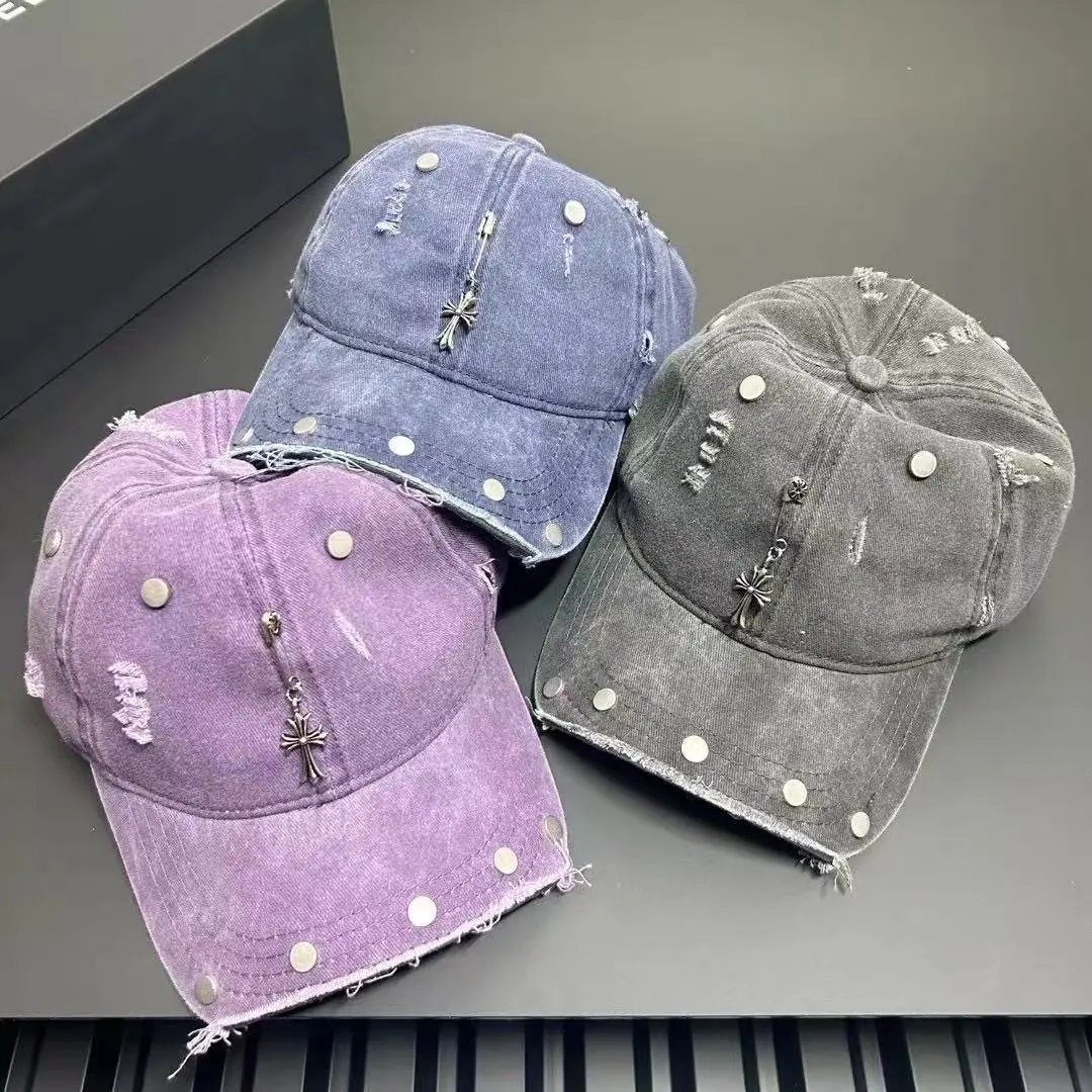Distressed Denim Baseball Cap with Cross Charm and Rivets Vintage Style