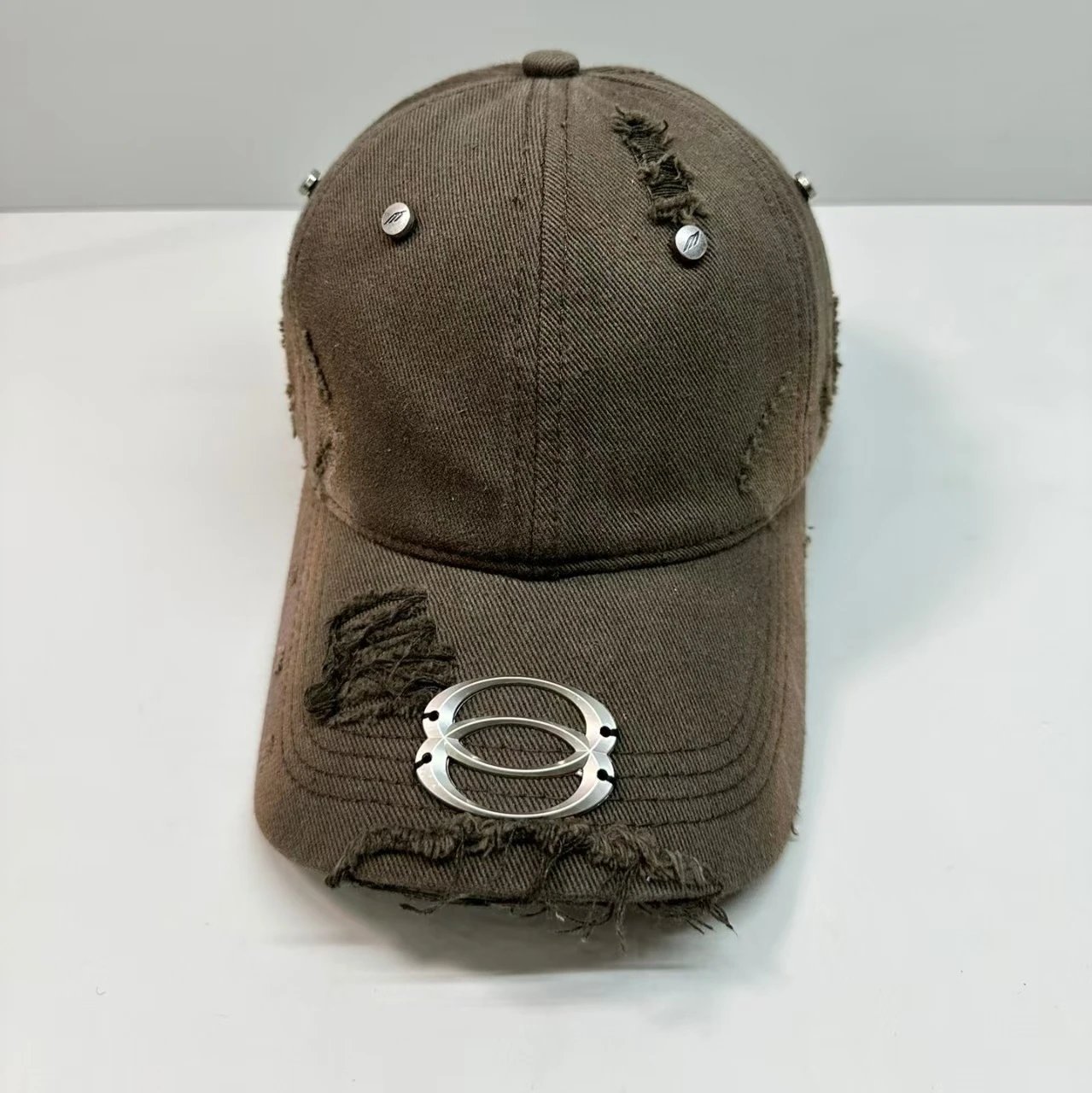 Distressed Denim Baseball Cap with Metal Oval Emblem in Khaki Gray Olive White Black Red Blue