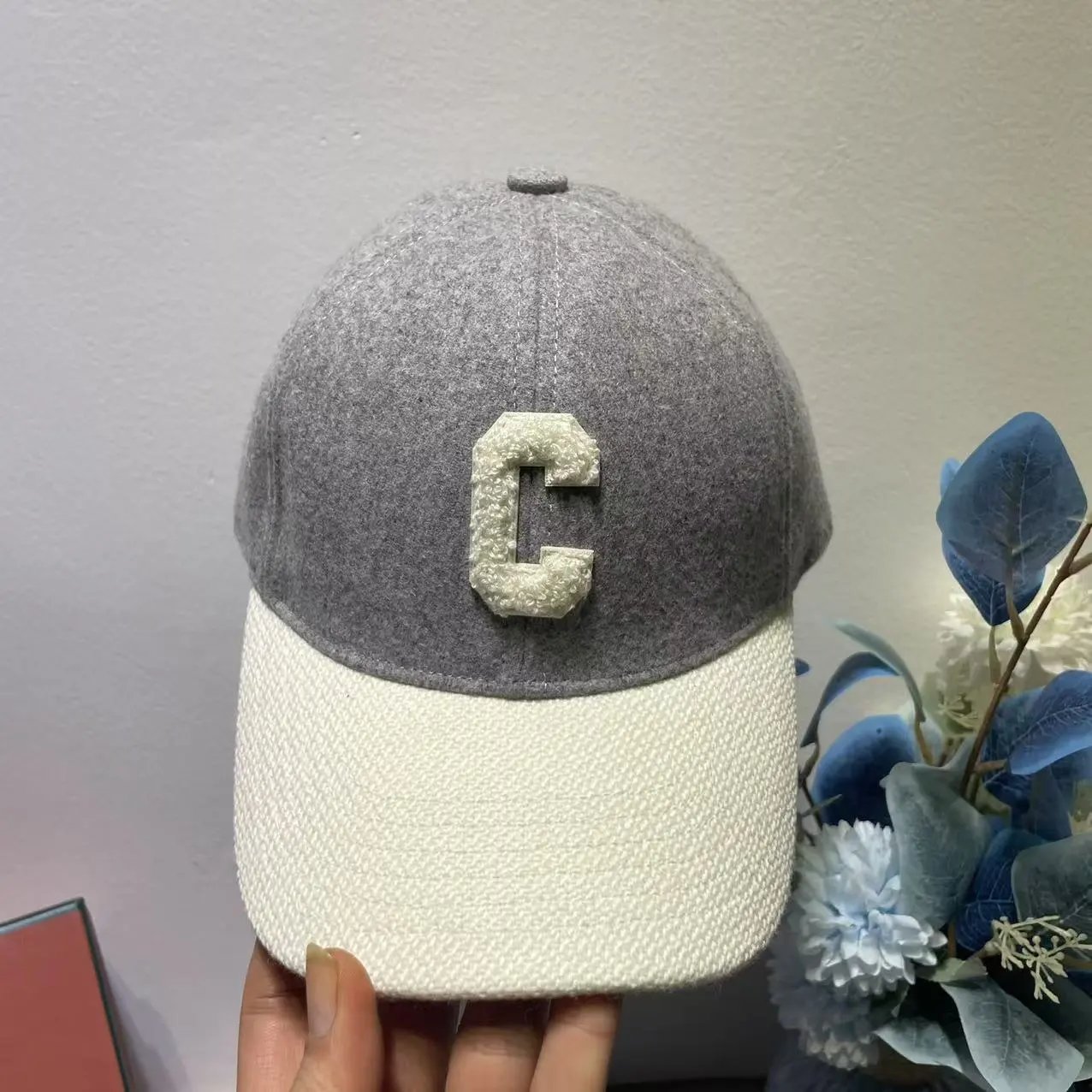 Wool Blend Baseball Cap Gray Cream Embroidered Letter C Two Tone