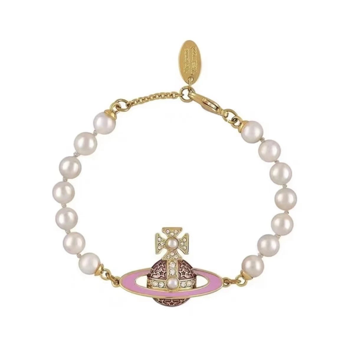 Vivienne Westwood Orb Pink Enamel Pearl Bracelet