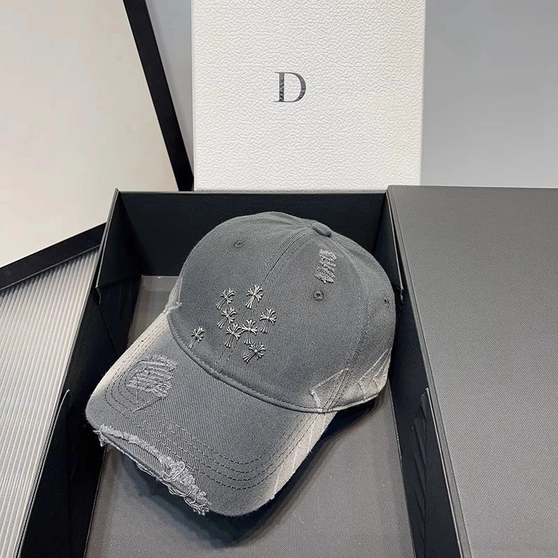 Distressed Denim Baseball Cap Gray Black Off White Embroidered Palm Tree