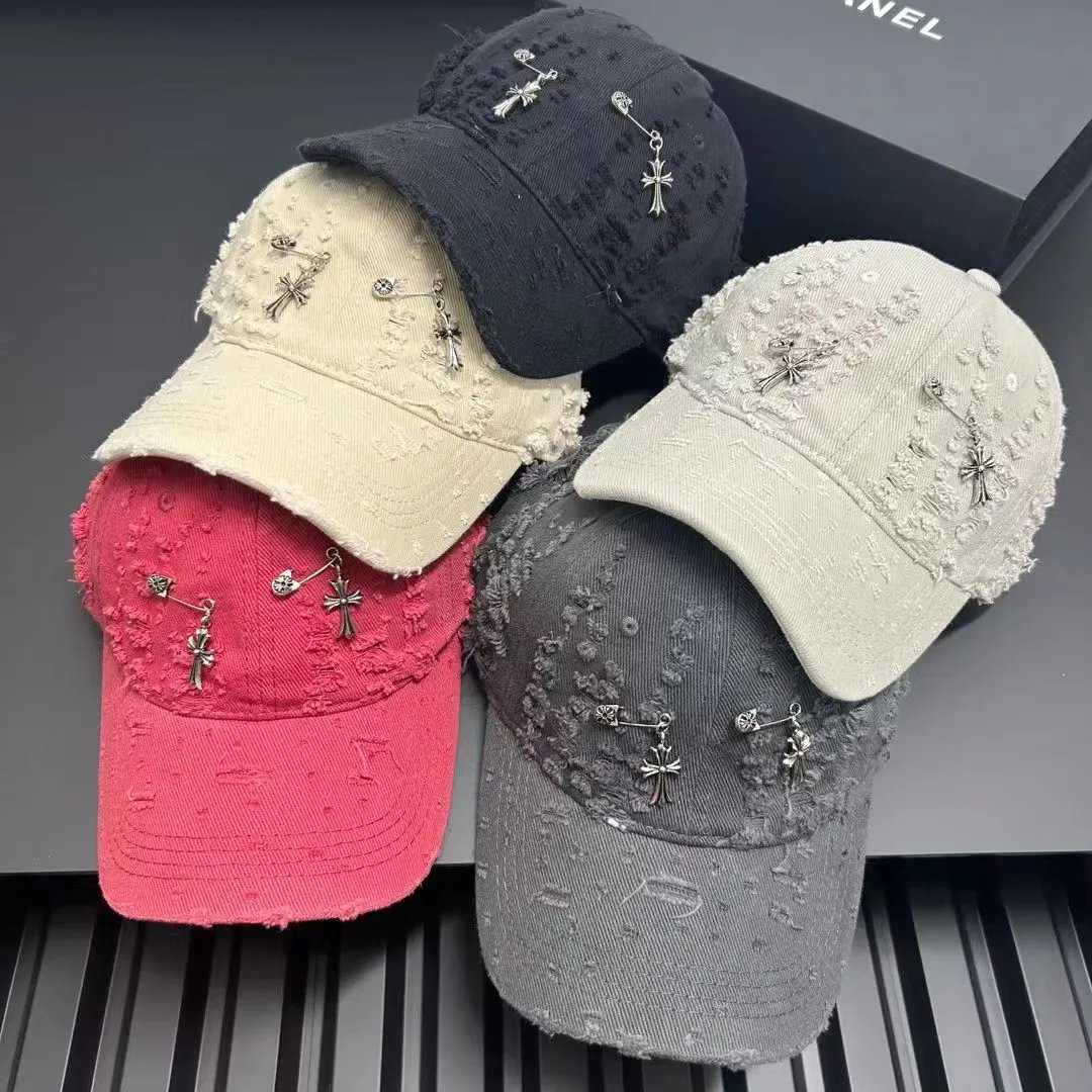 Distressed Denim Baseball Cap Red Black Beige Embellished Cross Charm