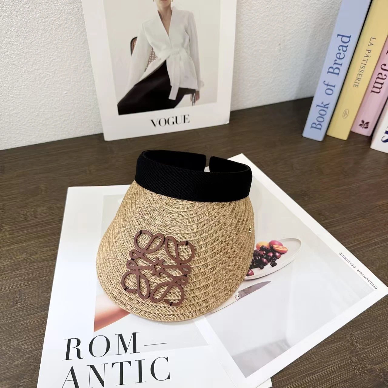 Straw Visor Hat Beige Black Adjustable Sun Visor