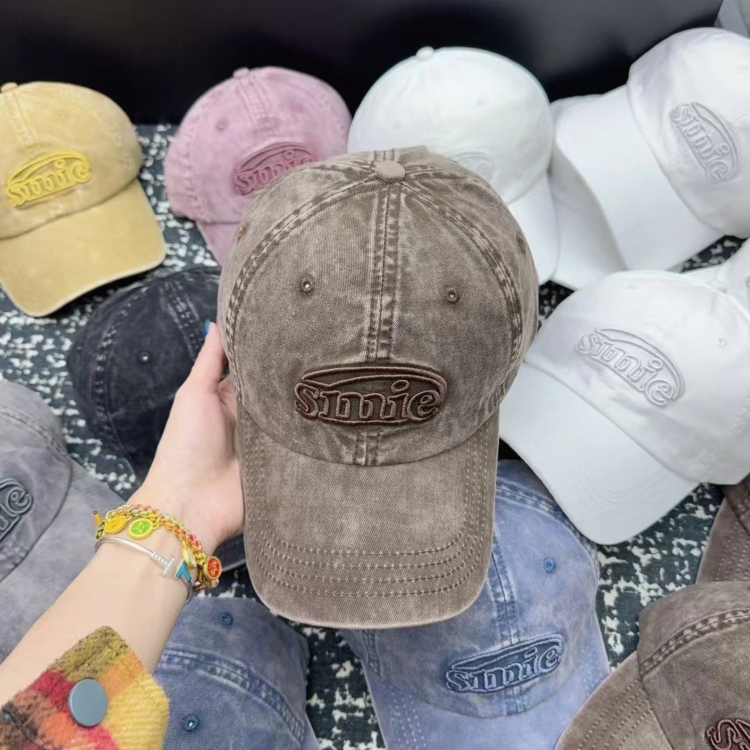 Sinie Hats Washed denim embroidered-logo baseball cap — Camel color
