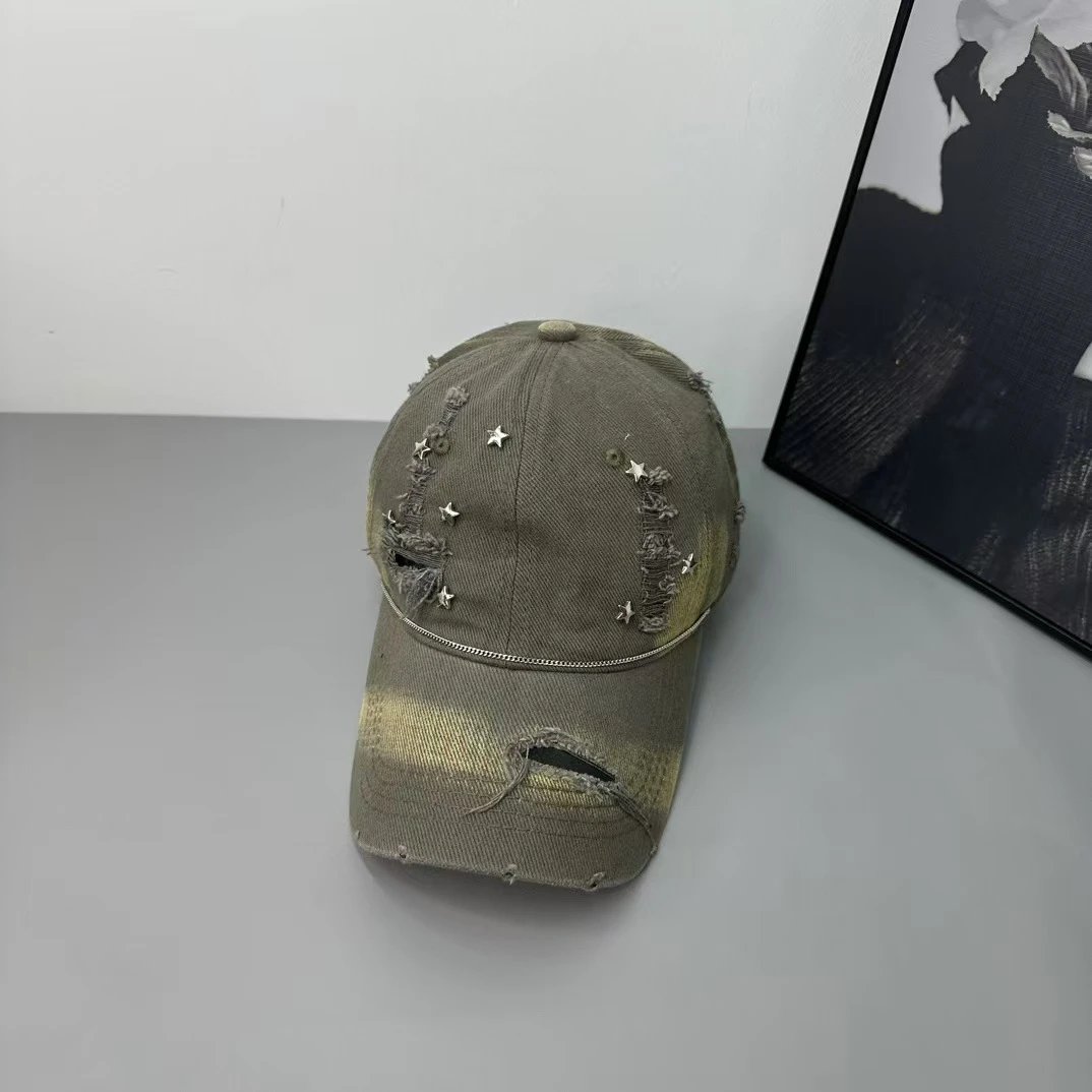 Denim Baseball Cap Light Blue Cream Olive Distressed Star Embellished Cap