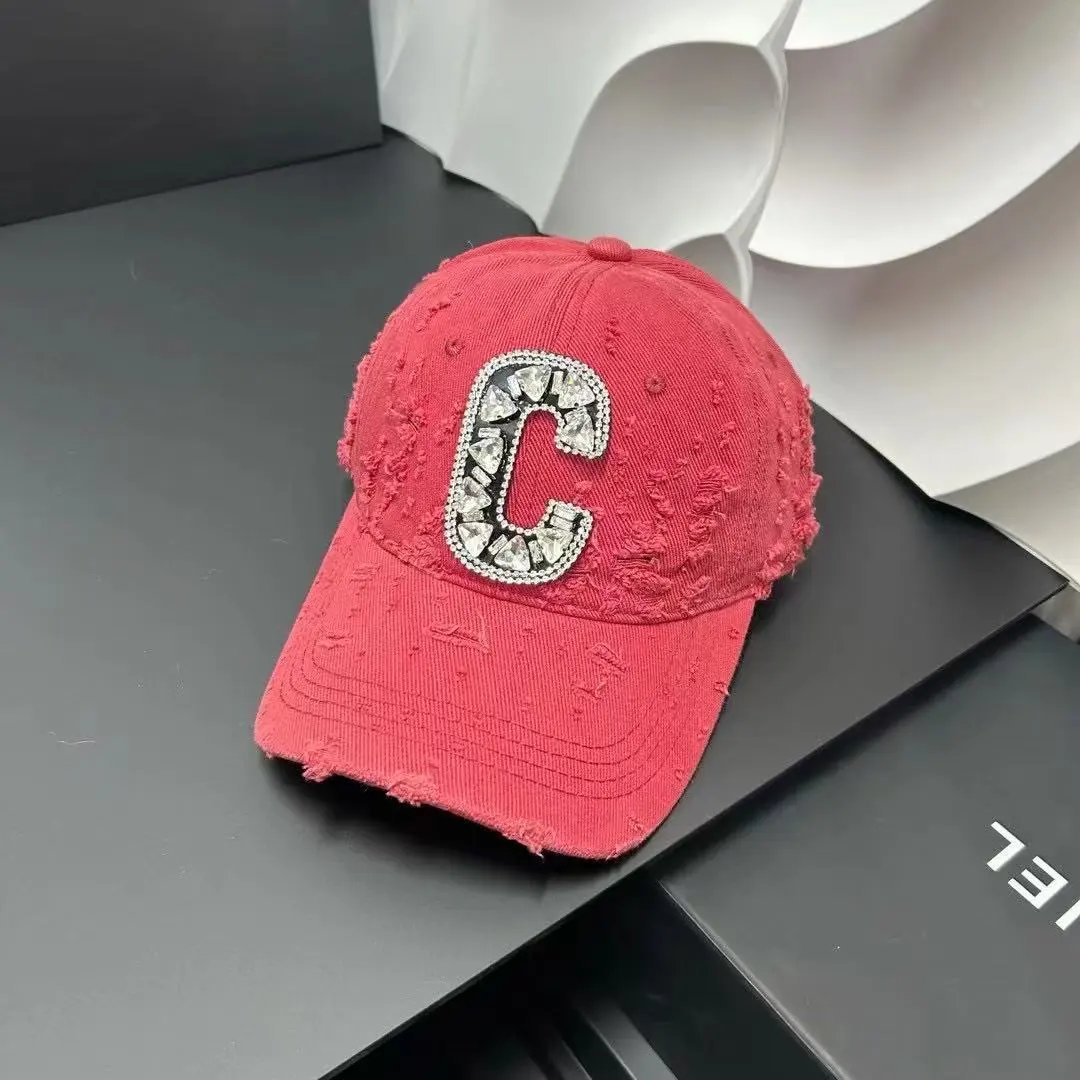 Unbranded Hats Distressed Rhinestone C Letter Baseball Cap — Red