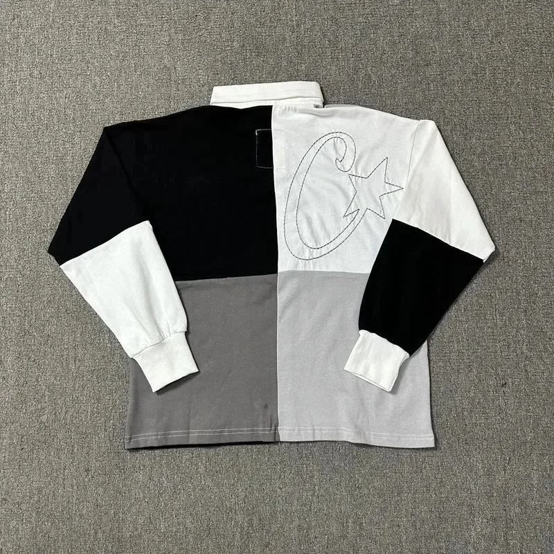 Colorblock Long Sleeve Polo Shirt White Gray Black Sporty