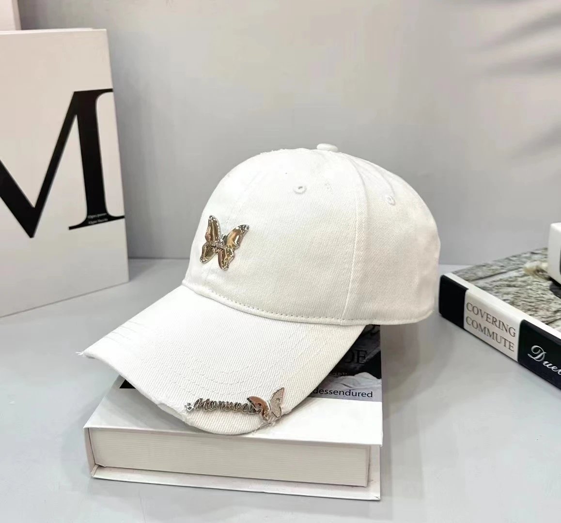 Unbranded Hats Butterfly Metal Accent Distressed Baseball Cap — white