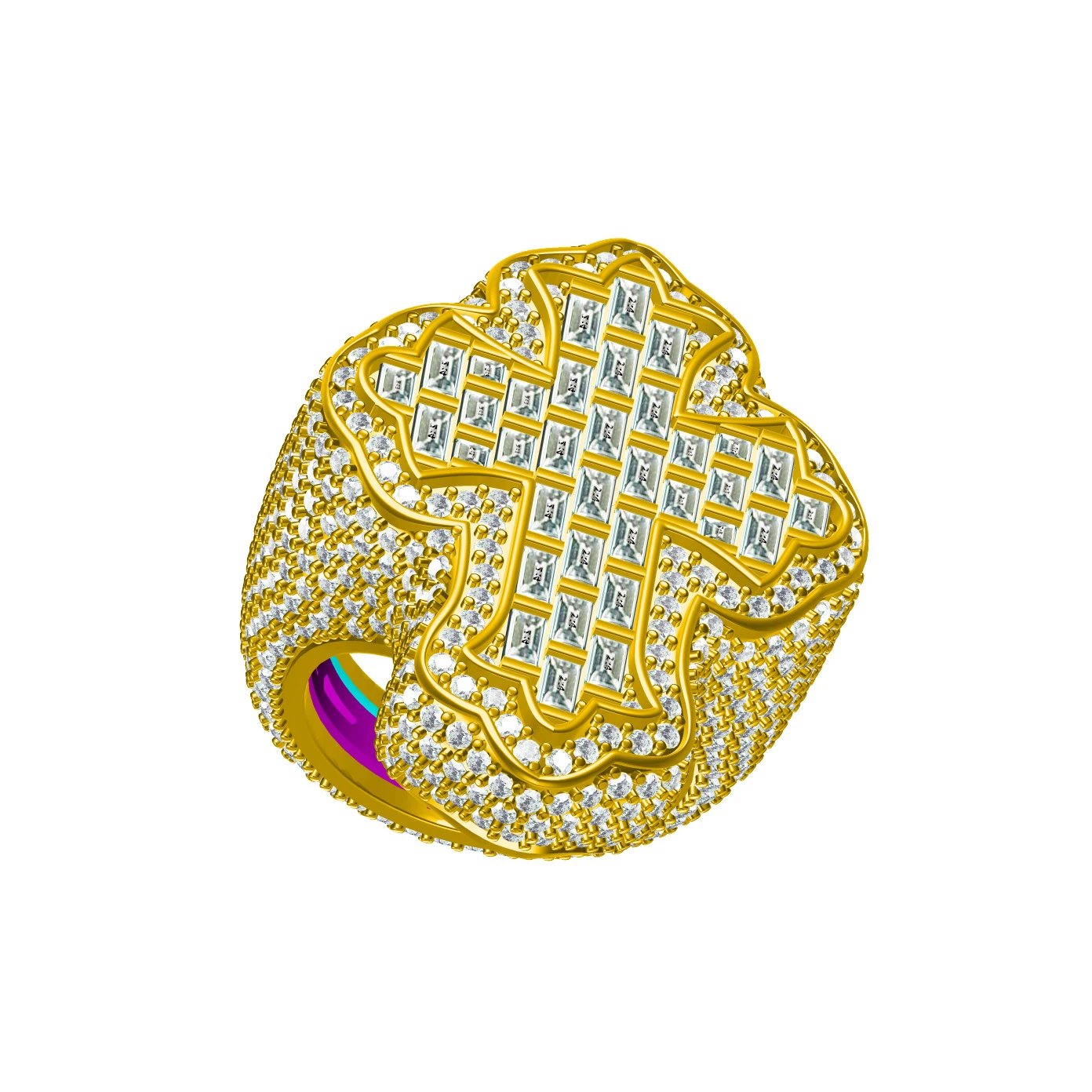 Cross Shape Baguette Cut Crystal Pave Ring Silver Gold Rose Gold Hip Hop