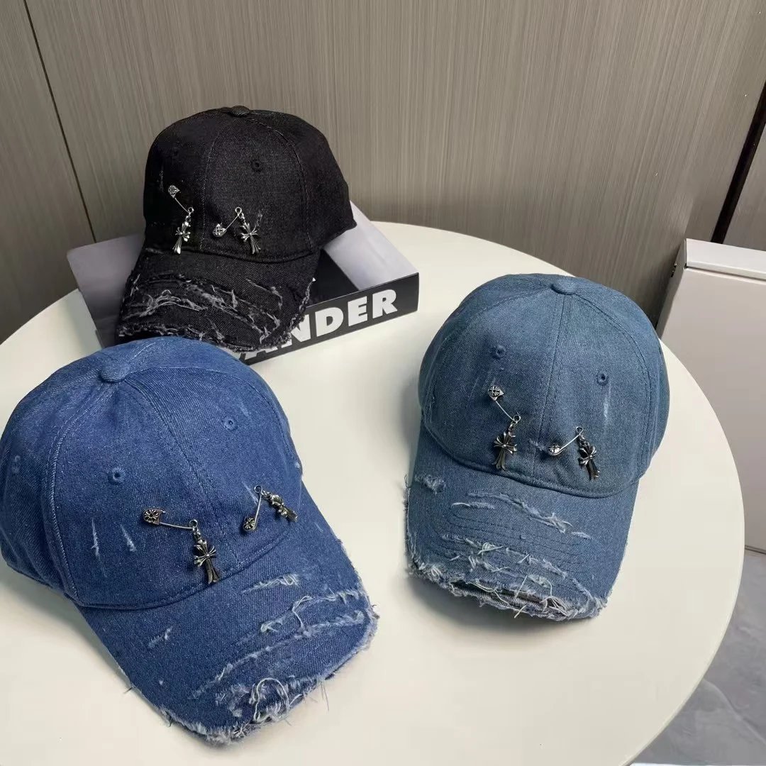 Denim Baseball Cap Black and Blue Distressed Embellished Cross Charm Cap