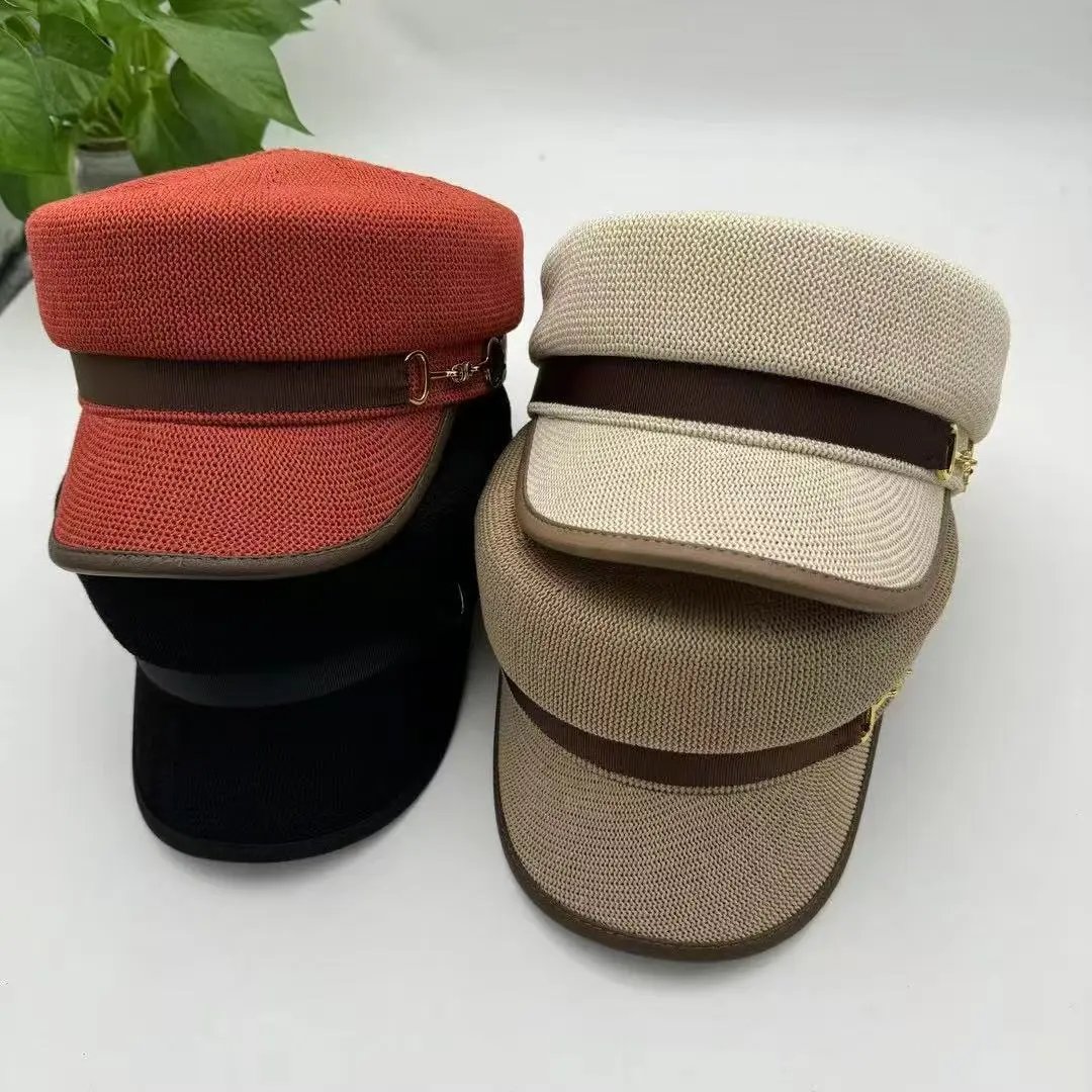 Woven Captain Hat Red Beige Black Military Style