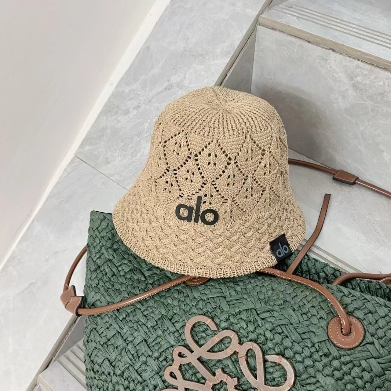 Alo Knitted Bucket Hat Light Blue Beige Gray Black Cream Crochet Style