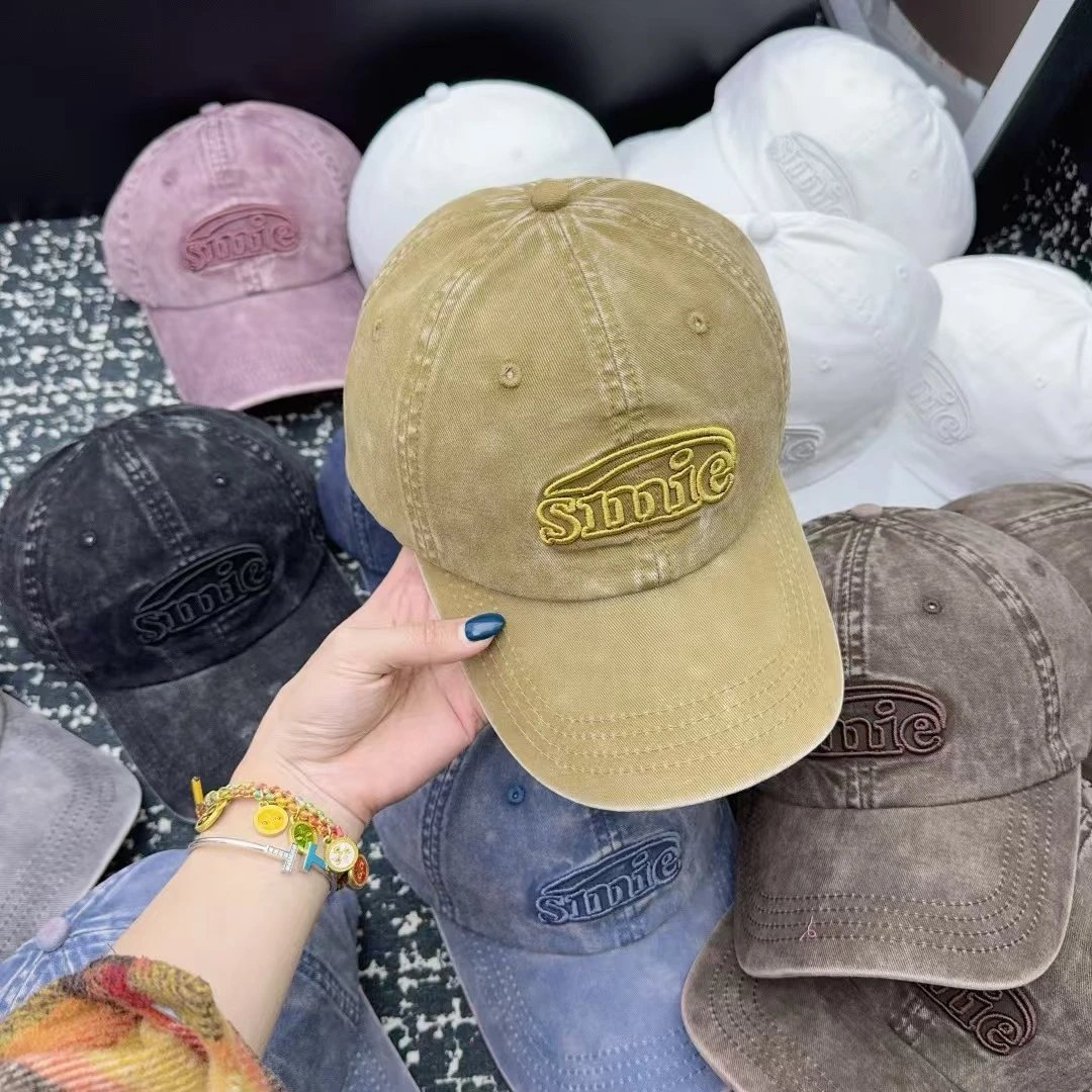 Sinie Hats Washed denim embroidered-logo baseball cap — Khaki