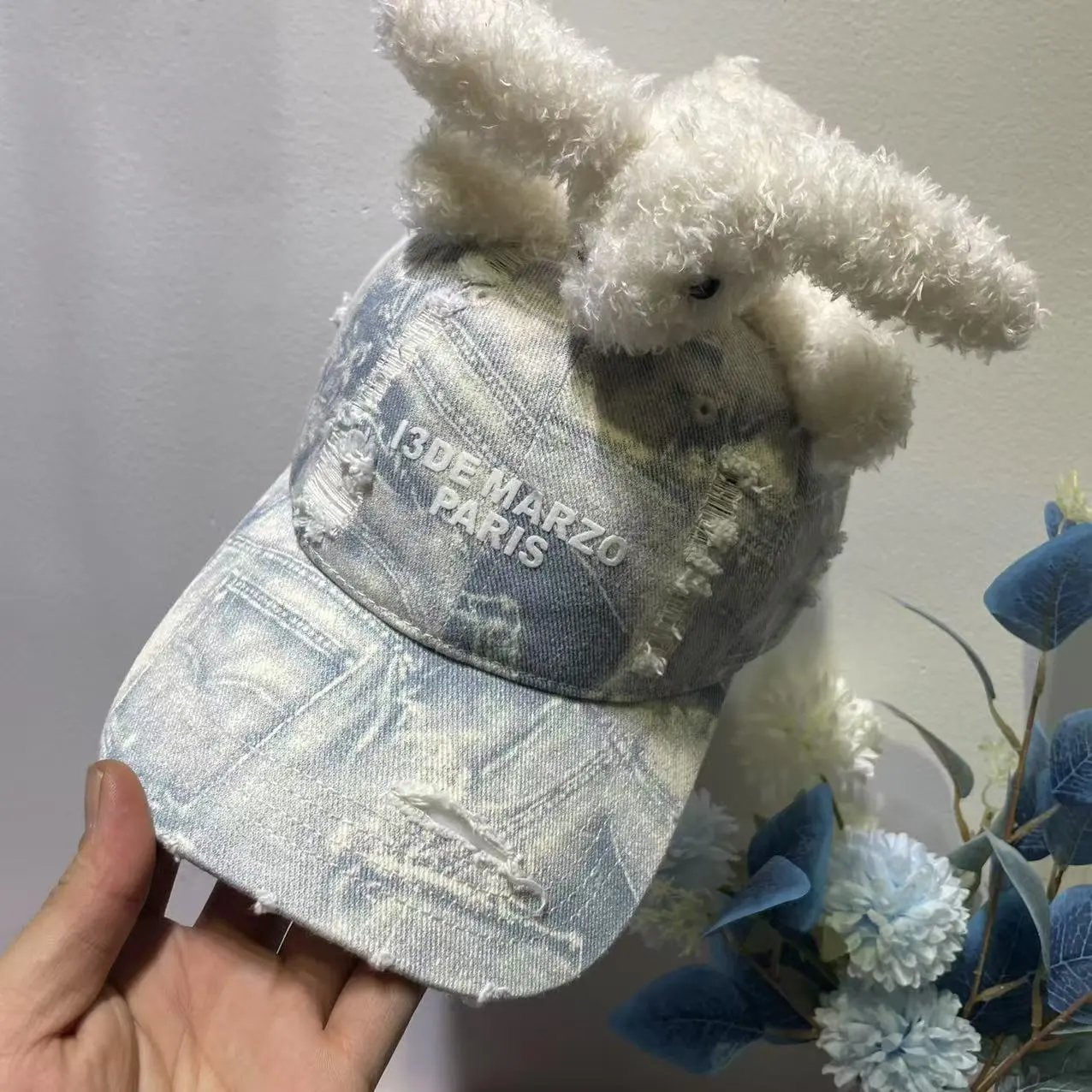 Denim Baseball Cap Light Blue Distressed Embroidered 13 De Marzo Paris With Plush Rabbit Ears