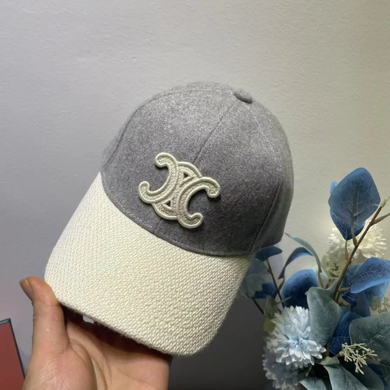Wool Blend Baseball Cap Gray Cream Embroidered Letter C Two Tone