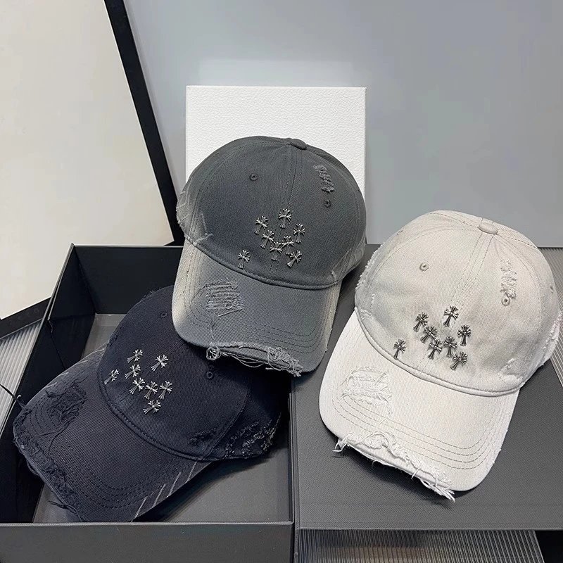 Distressed Denim Baseball Cap Gray Black Off White Embroidered Palm Tree
