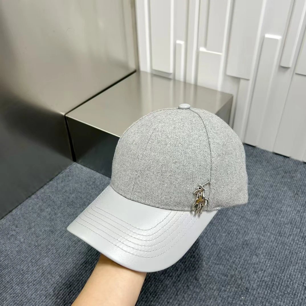 Unbranded Hats Wool-Blend Baseball Cap with Faux Leather Brim and Horse-Rider Metal Emblem — Light gray