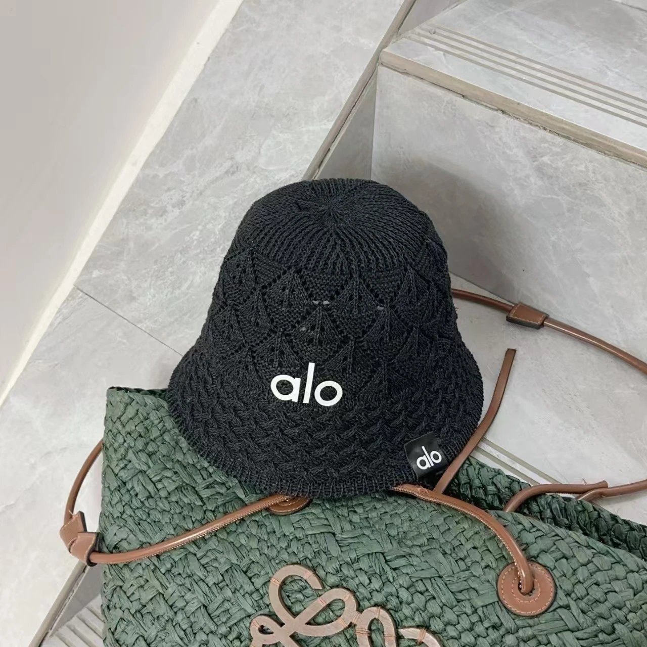 Alo Knitted Bucket Hat Light Blue Beige Gray Black Cream Crochet Style