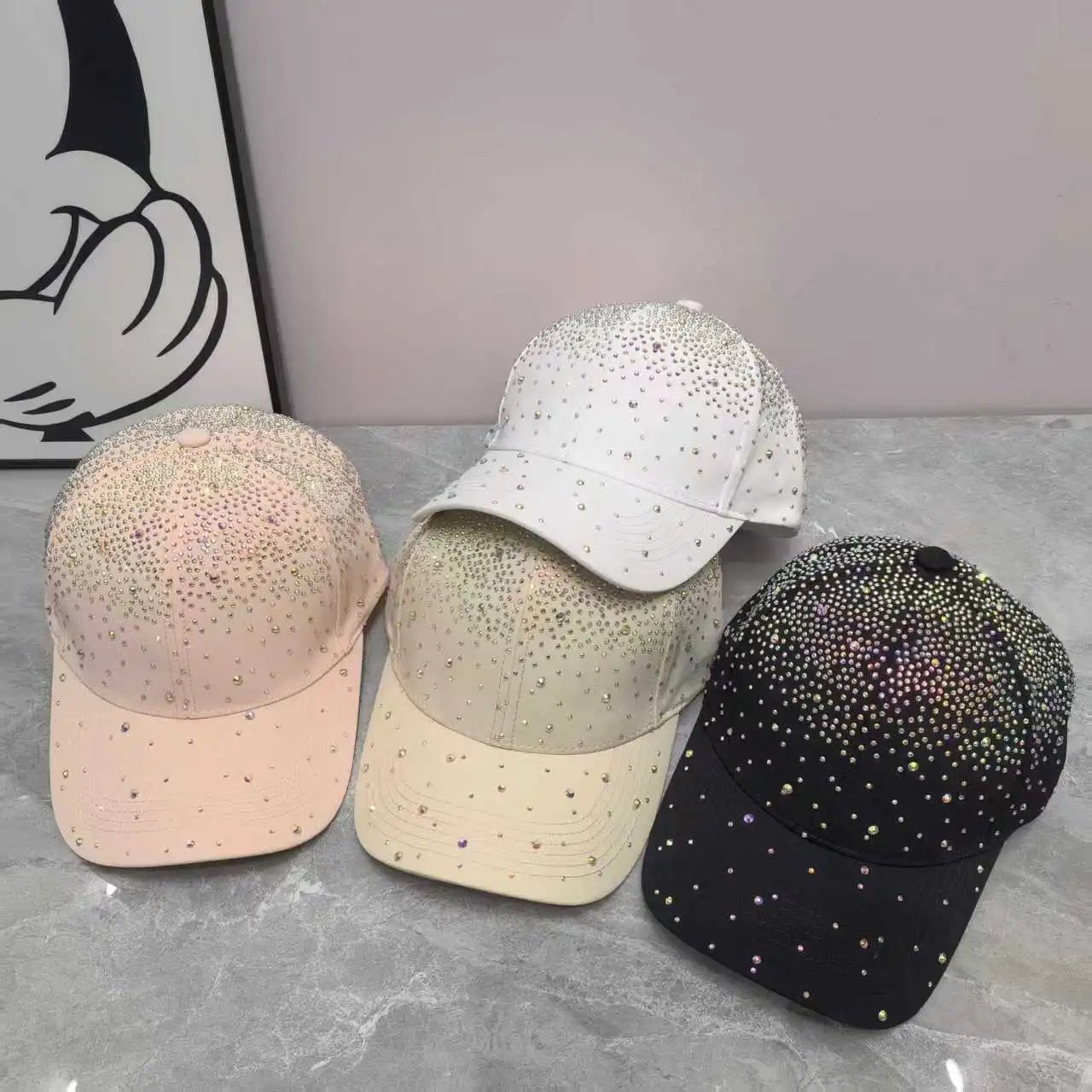 Rhinestone Embellished Baseball Cap Pink Beige White Black Sparkly Glam