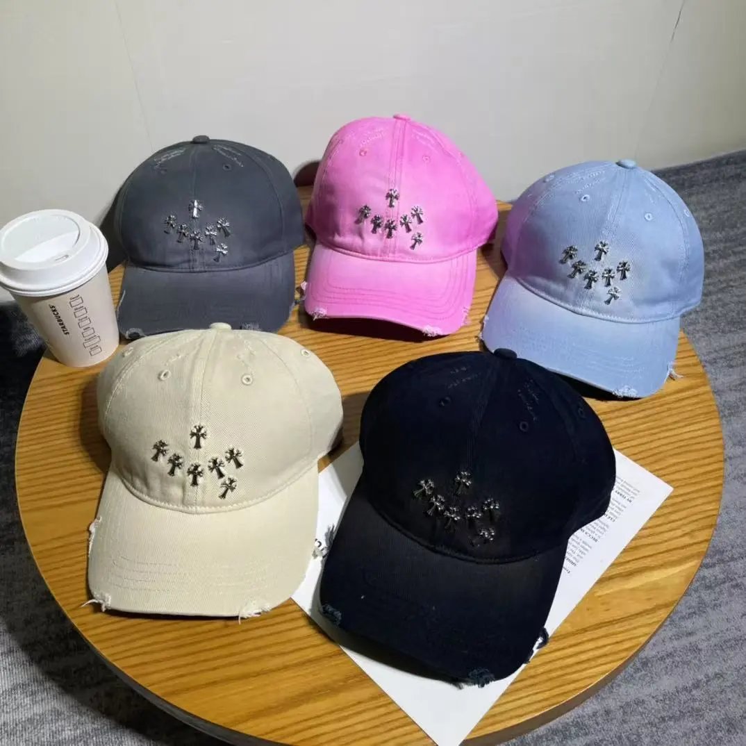 Distressed Baseball Cap with Embroidered Cross Motif Five Colors Streetwear