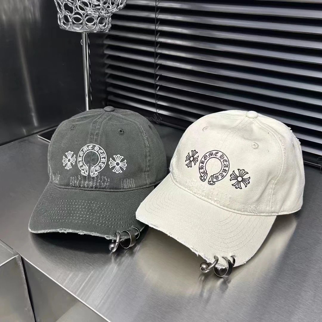 Chrome Hearts Embroidered Distressed Baseball Cap Gray Beige White Navy Streetwear