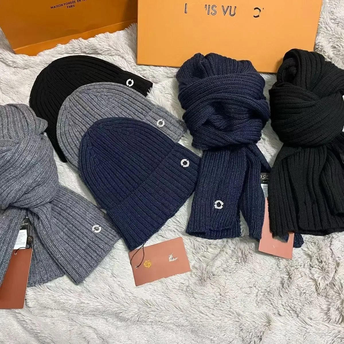 Ribbed Knit Beanie and Scarf Set Navy Black Gray Winter Accessories