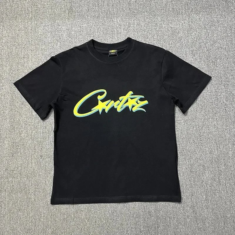 Black T-Shirt with Neon Green Yellow Script Logo Casual Tee