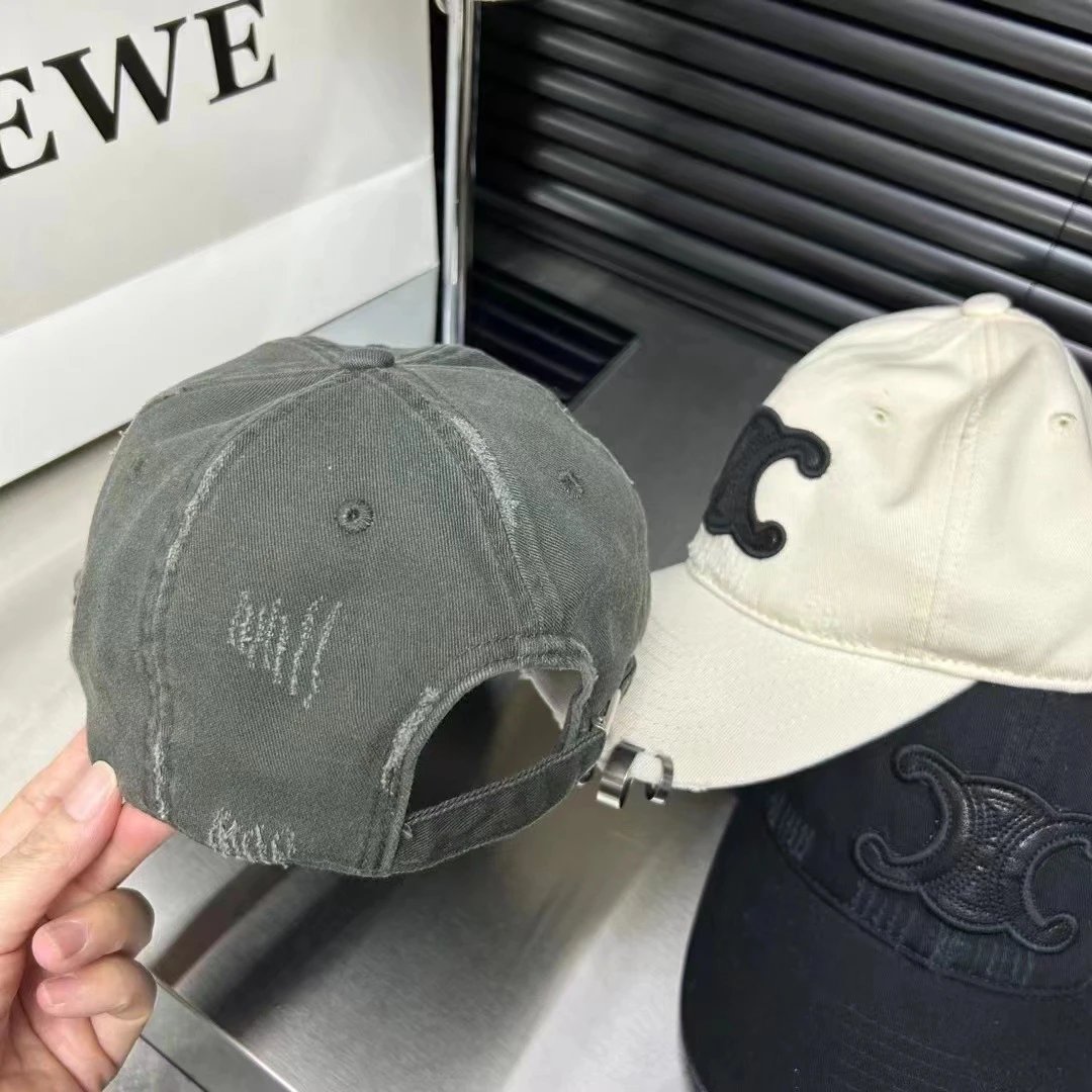 Celine Logo Embroidered Beige White Olive Black Distressed Baseball Cap
