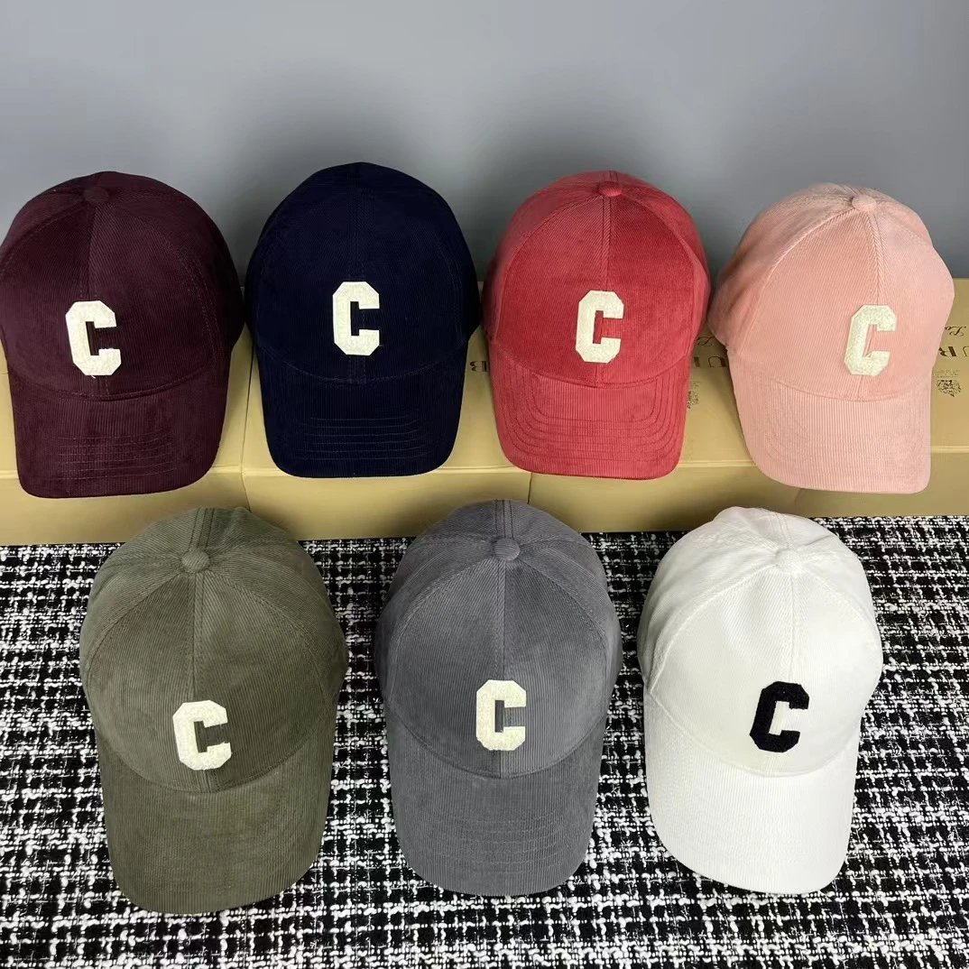 Corduroy Baseball Cap with Embroidered C Logo in Pink Brown Red Beige Tan White Black