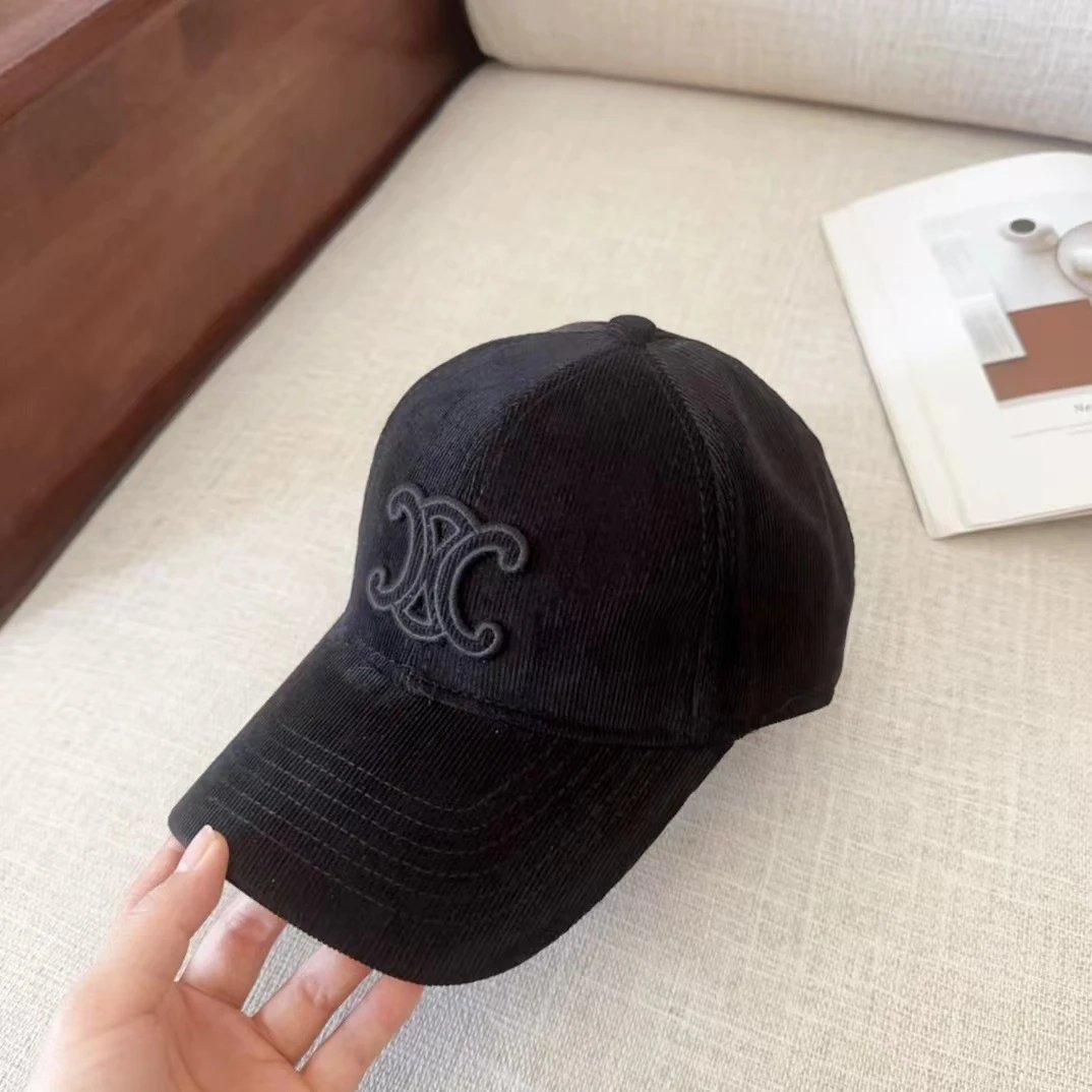 Corduroy Baseball Cap Black Beige White Embroidered Logo Casual Hat