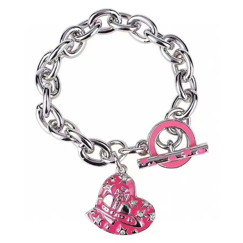 Silver Tone Chain Bracelet Turquoise Enamel Heart Charm with Star Rhinestones