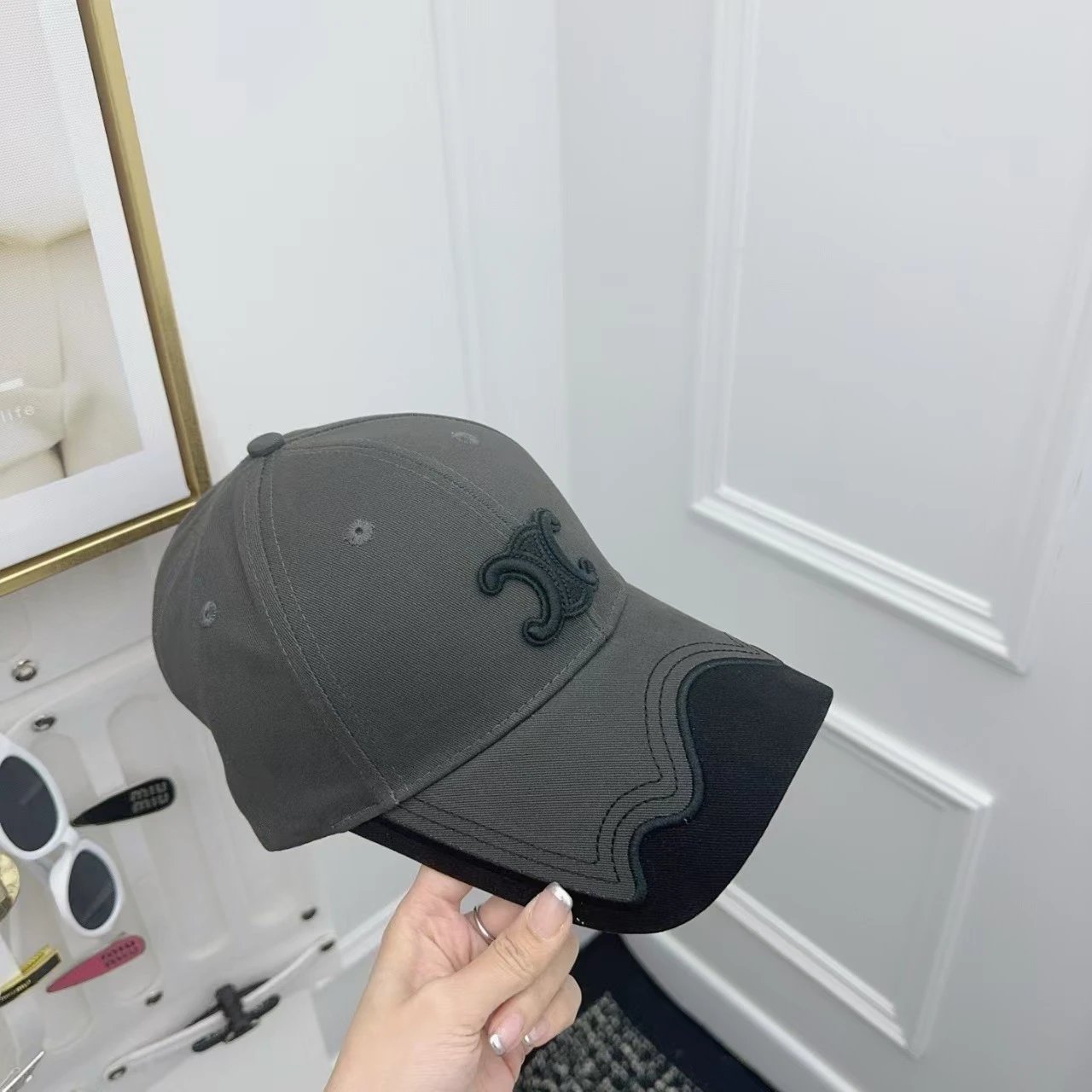 Celine Logo Embroidered Gray And Beige Wavy Brim Baseball Cap