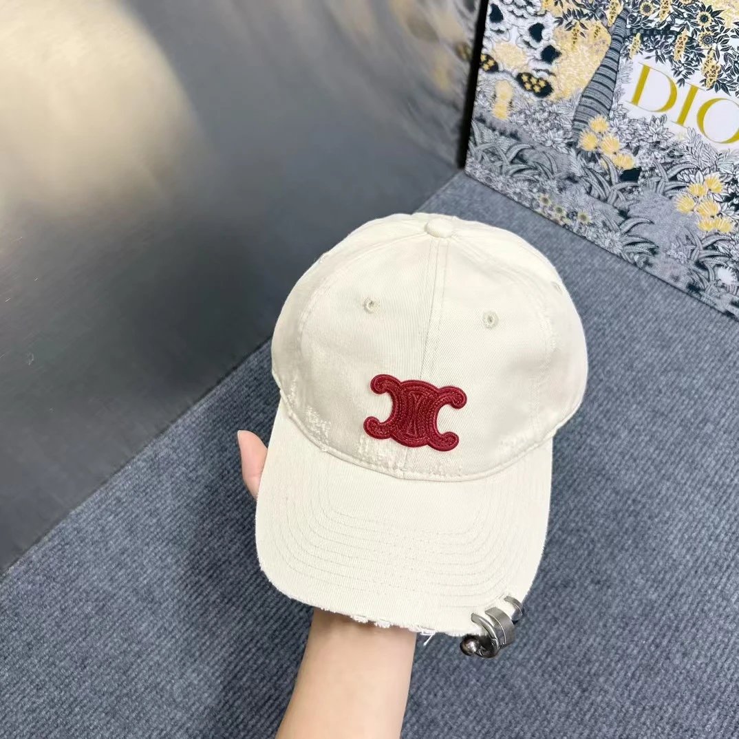 Celine Logo Embroidered Beige White Black Olive Distressed Baseball Cap
