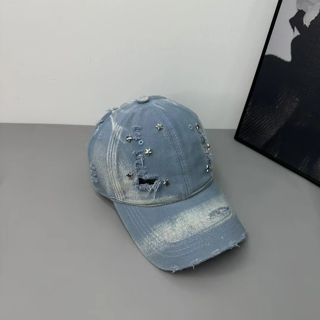 Denim Baseball Cap Light Blue Cream Olive Distressed Star Embellished Cap