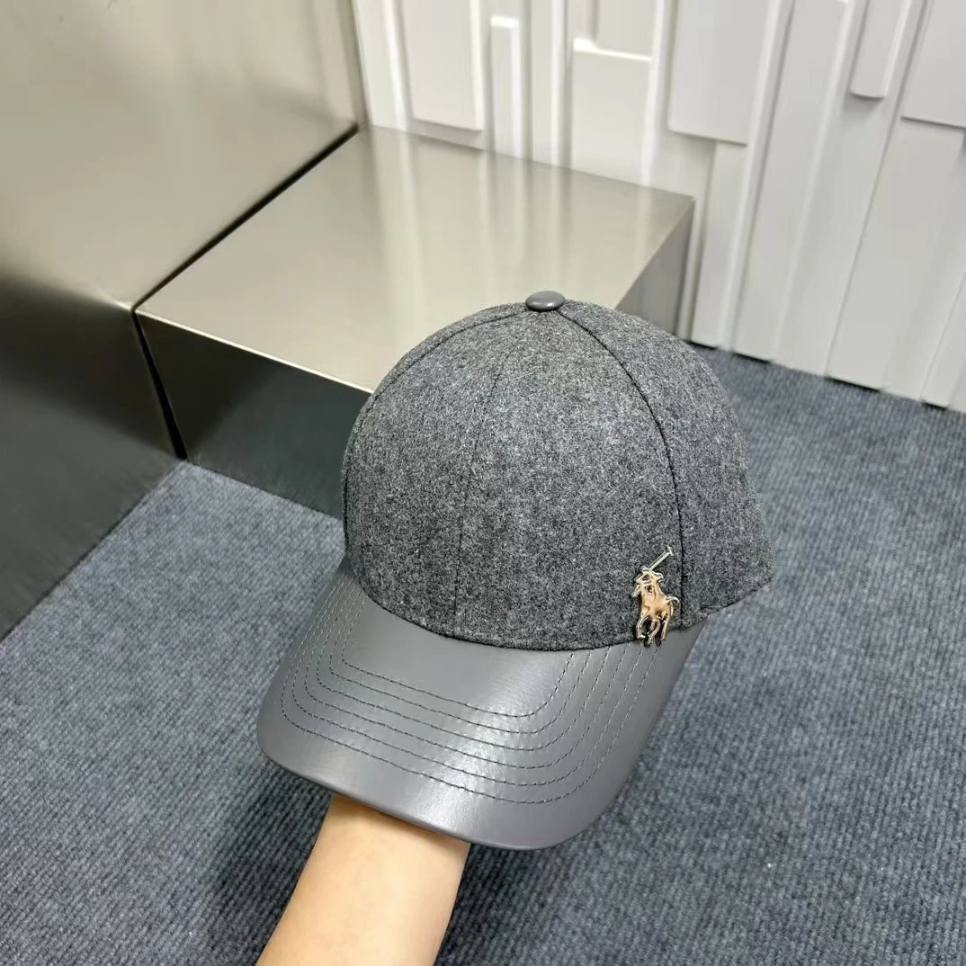 Unbranded Hats Wool-Blend Baseball Cap with Faux Leather Brim and Horse-Rider Metal Emblem — gray
