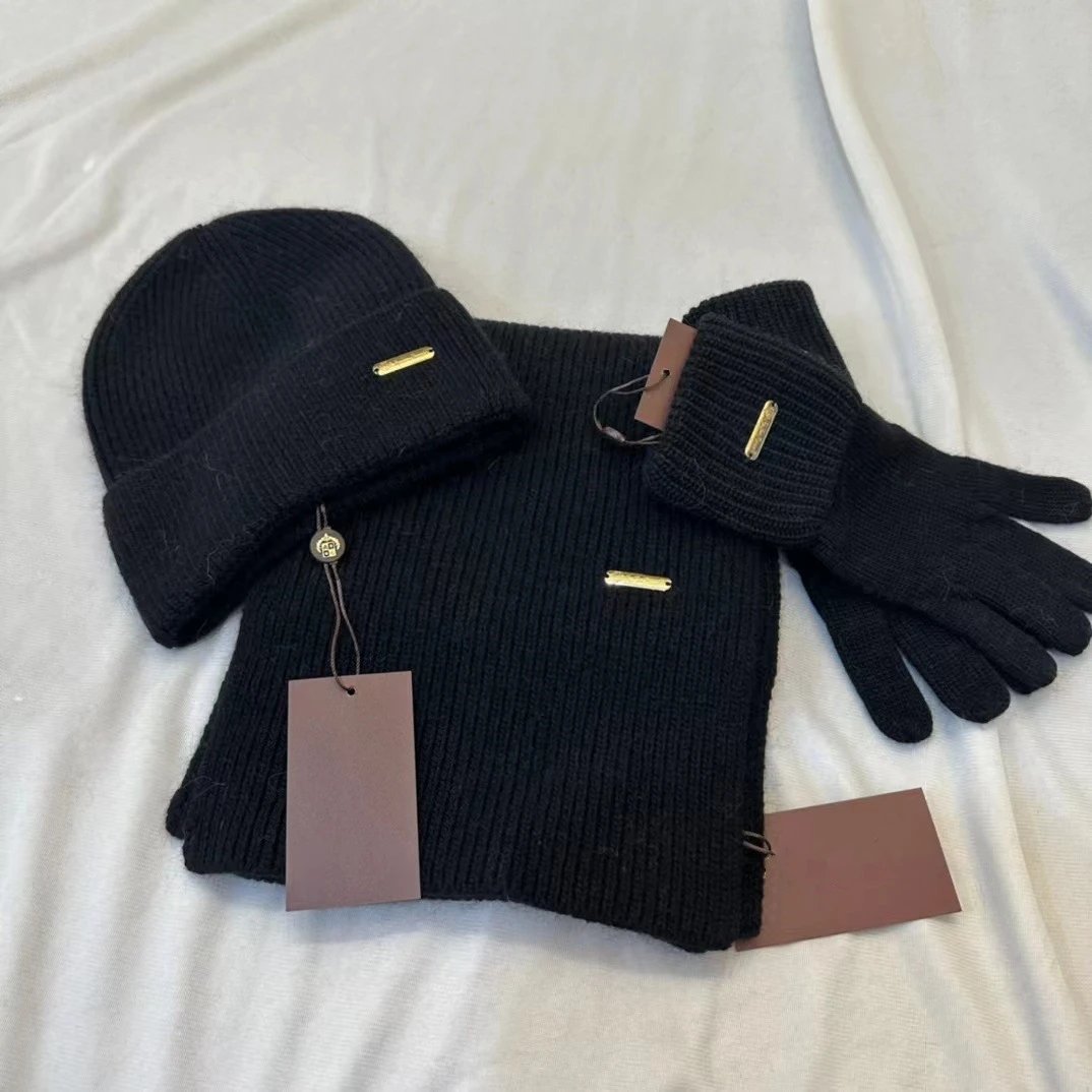 Knitted Beanie Scarf Gloves Set White and Black Gold Accent Winter Accessories