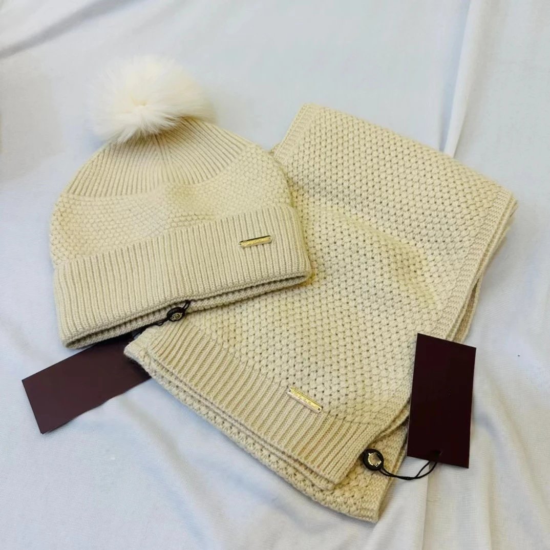Unbranded Knit Pom-Pom Beanie and Scarf Set — Khaki