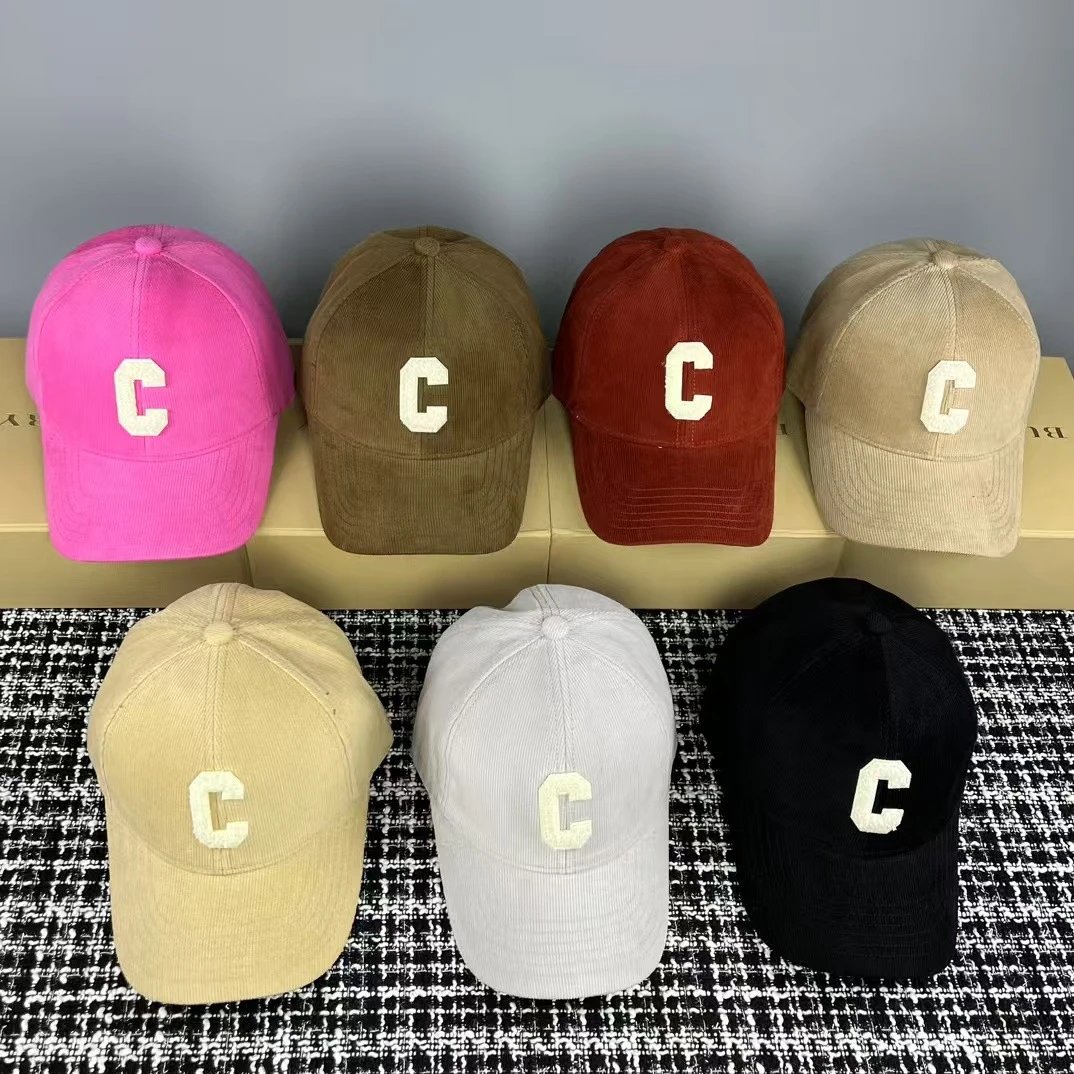 Corduroy Baseball Cap with Embroidered C Logo in Pink Brown Red Beige Tan White Black
