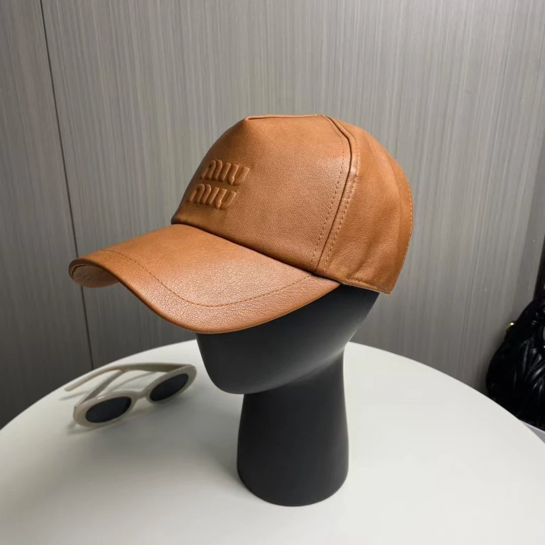 Miu Hats Embossed Logo Leather Baseball Cap — Camel color