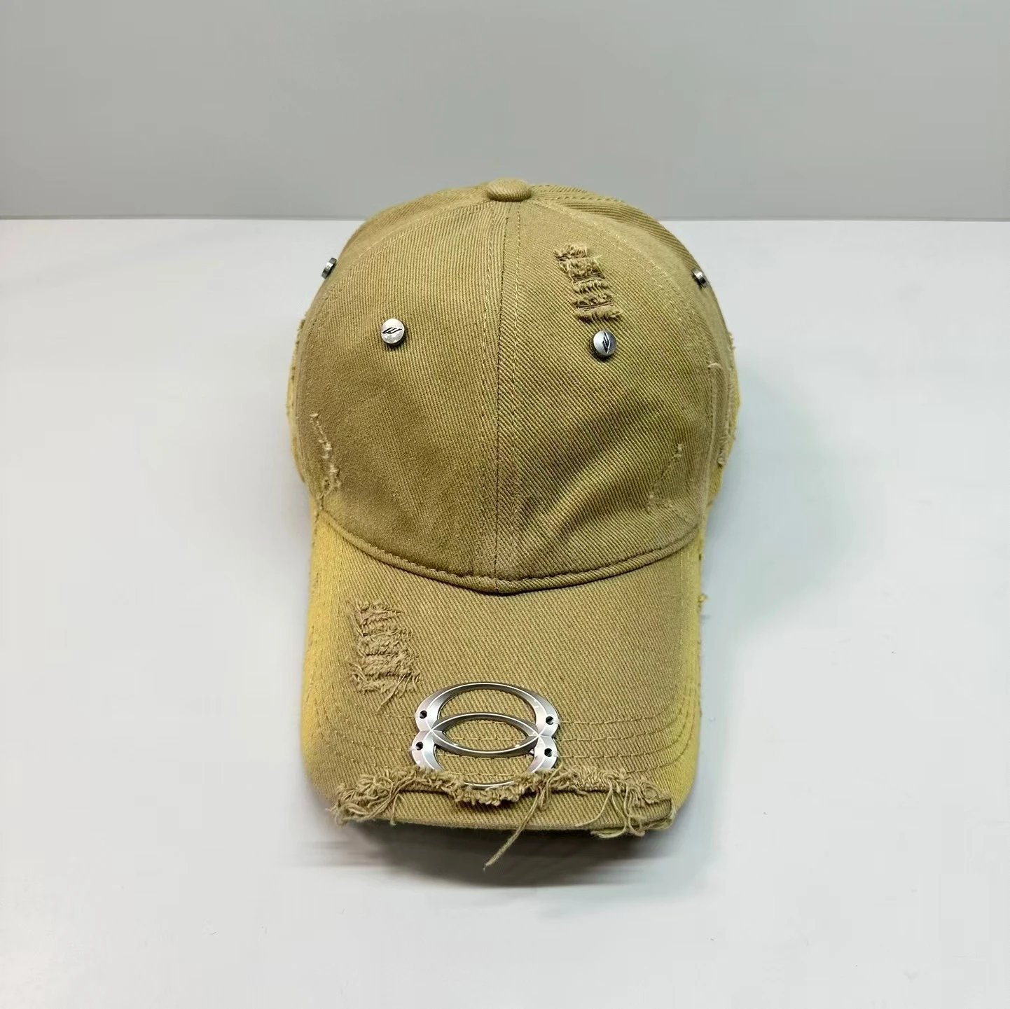 Distressed Denim Baseball Cap with Metal Oval Emblem in Khaki Gray Olive White Black Red Blue