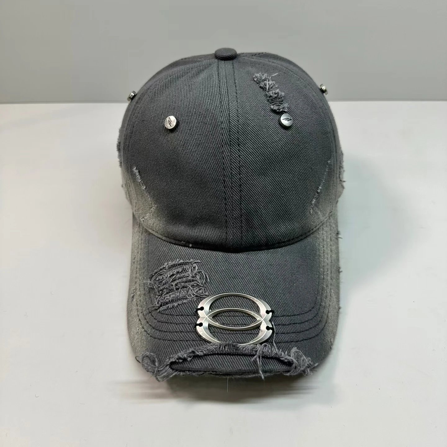 Distressed Denim Baseball Cap with Metal Oval Emblem in Khaki Gray Olive White Black Red Blue