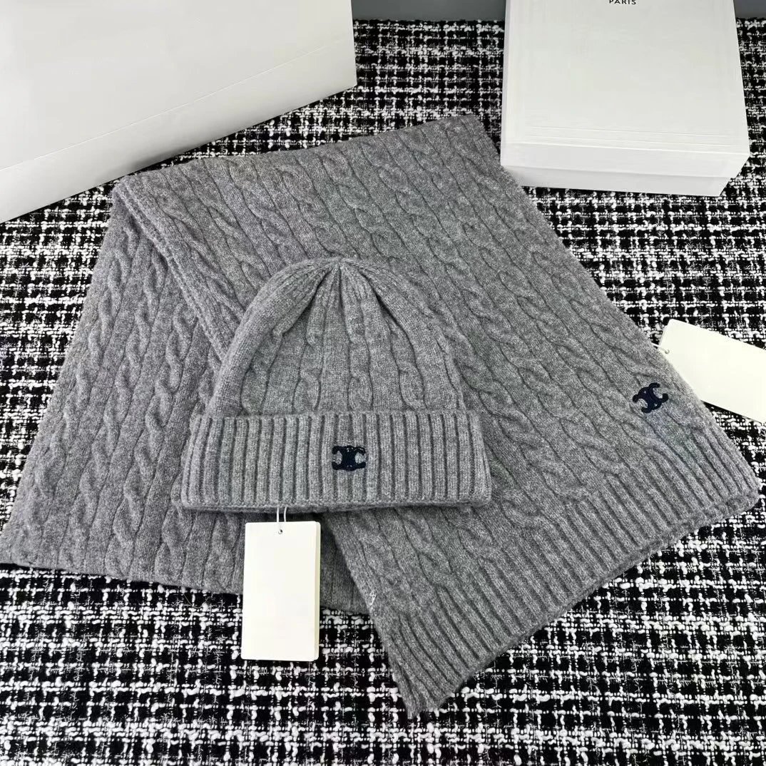 Chanel Cable Knit Gray Beanie And Scarf Set
