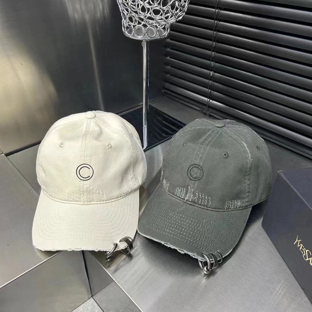 Circled Logo Distressed Cotton Baseball Cap Beige White Black Olive Streetwear