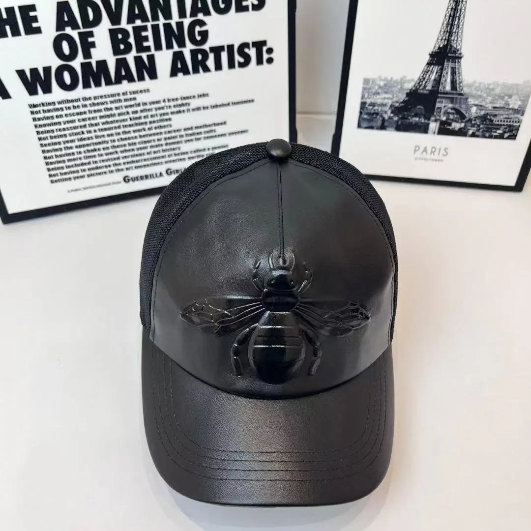 Black Leather Bee Embroidered Trucker Cap