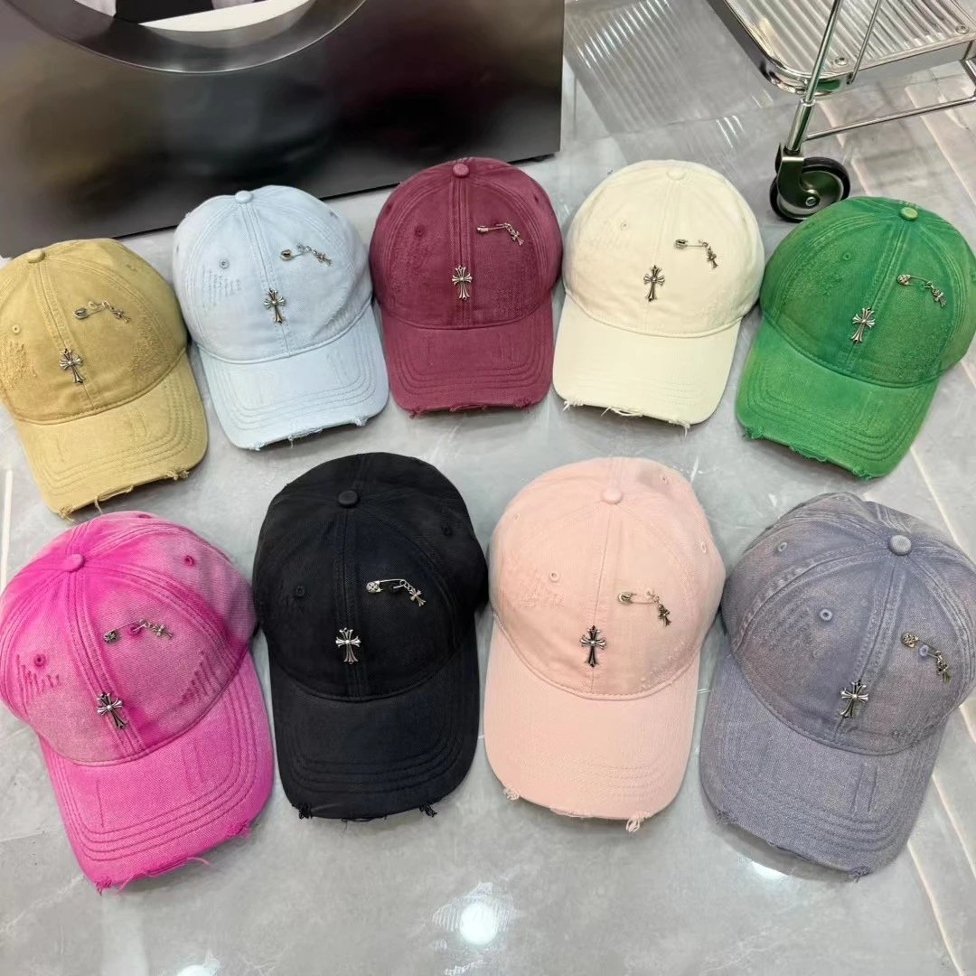 Distressed Denim Baseball Cap with Cross Pin Embellishment
