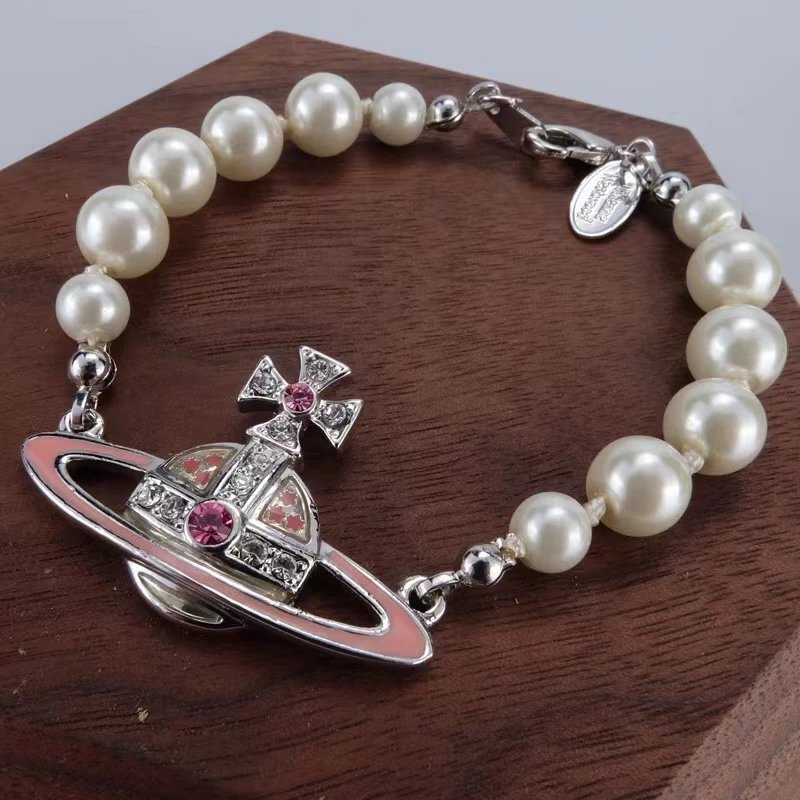 Vivienne Westwood Orb Pink Enamel Pearl Bracelet