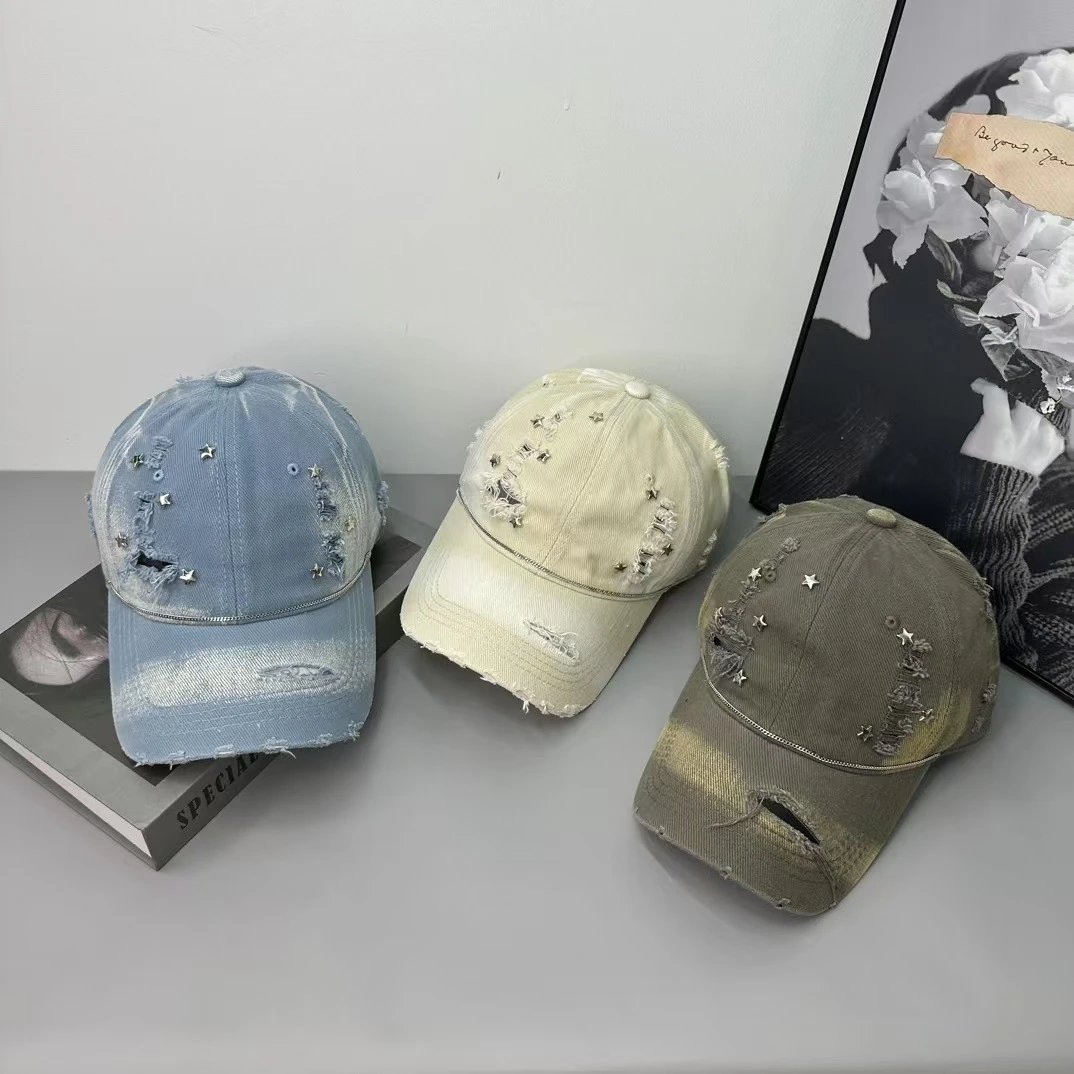 Denim Baseball Cap Light Blue Cream Olive Distressed Star Embellished Cap